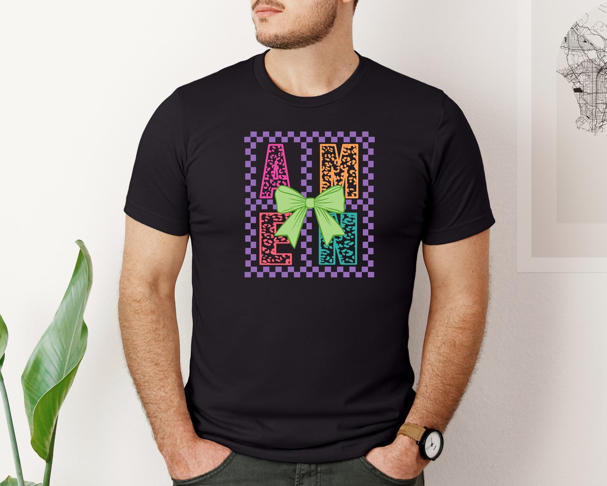 brand:Bella Canvas|color:Black|Amen Coquette Bow Jesus Easter 3 Graphic T-Shirt