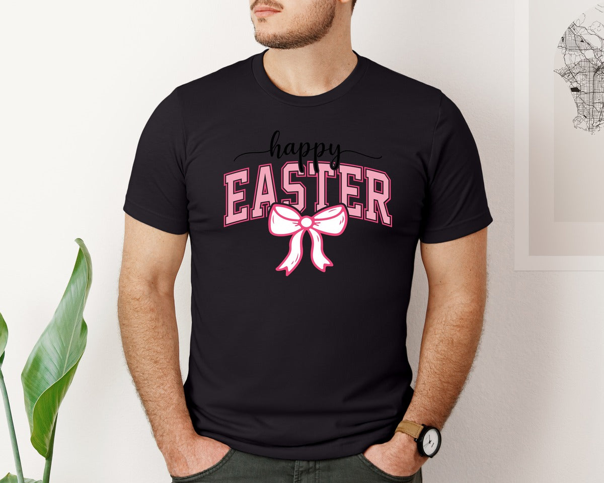 brand:Bella Canvas|color:Black|Happy Easter Coquette Bow Easter Graphic T-Shirt