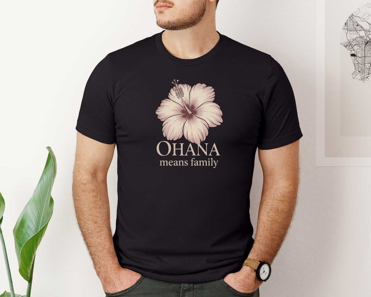 brand:Bella Canvas|color:Black|Ohana Means Family Retro Tropical Hibisc Graphic T-Shirt