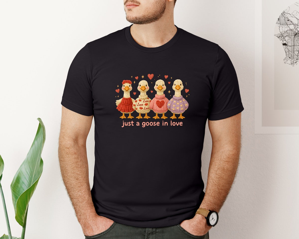 brand:Bella Canvas|color:Black|Faux Crochet Funny Valentine Goose Graphic T-Shirt