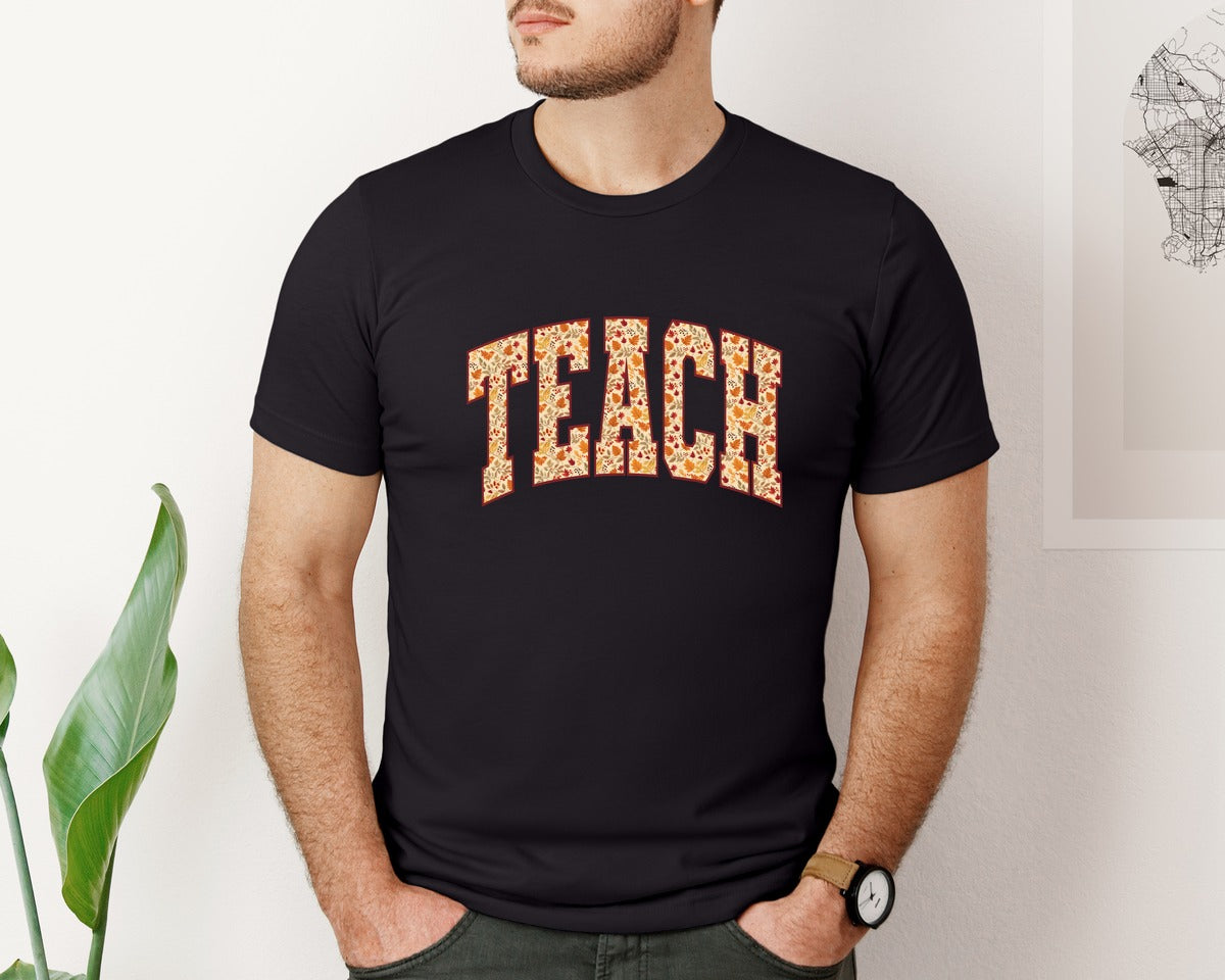 brand:Bella Canvas|color:Black|Fall Teacher Retro Teach Fall Cozy Graphic T-Shirt