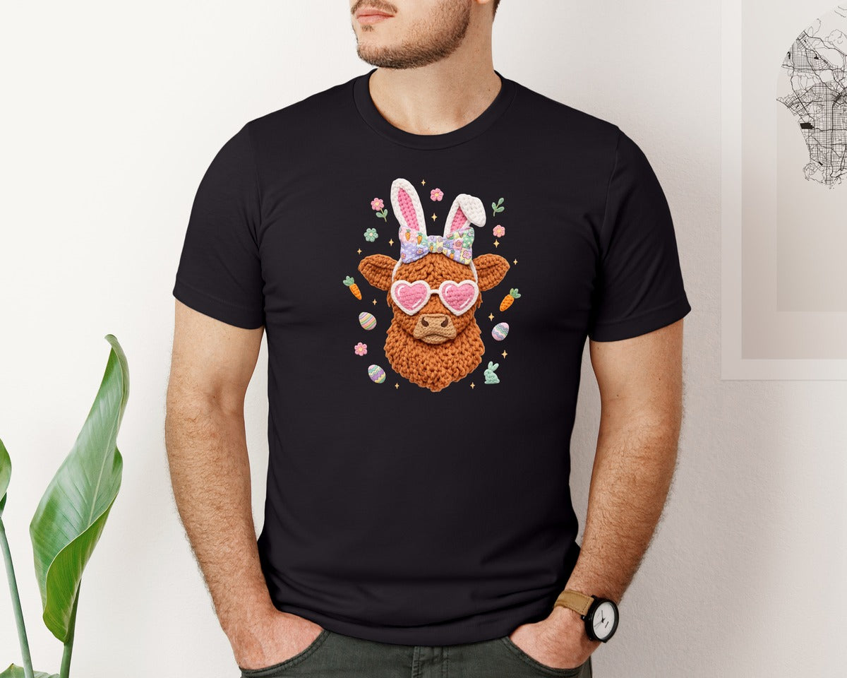 brand:Bella Canvas|color:Black|Crochet Easter Day Highland Cow 2 Graphic T-Shirt