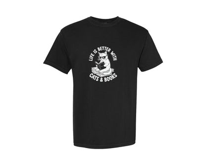 brand:Comfort Colors|color:Black|Life Is Better With Cats Books Funny Graphic T-Shirt