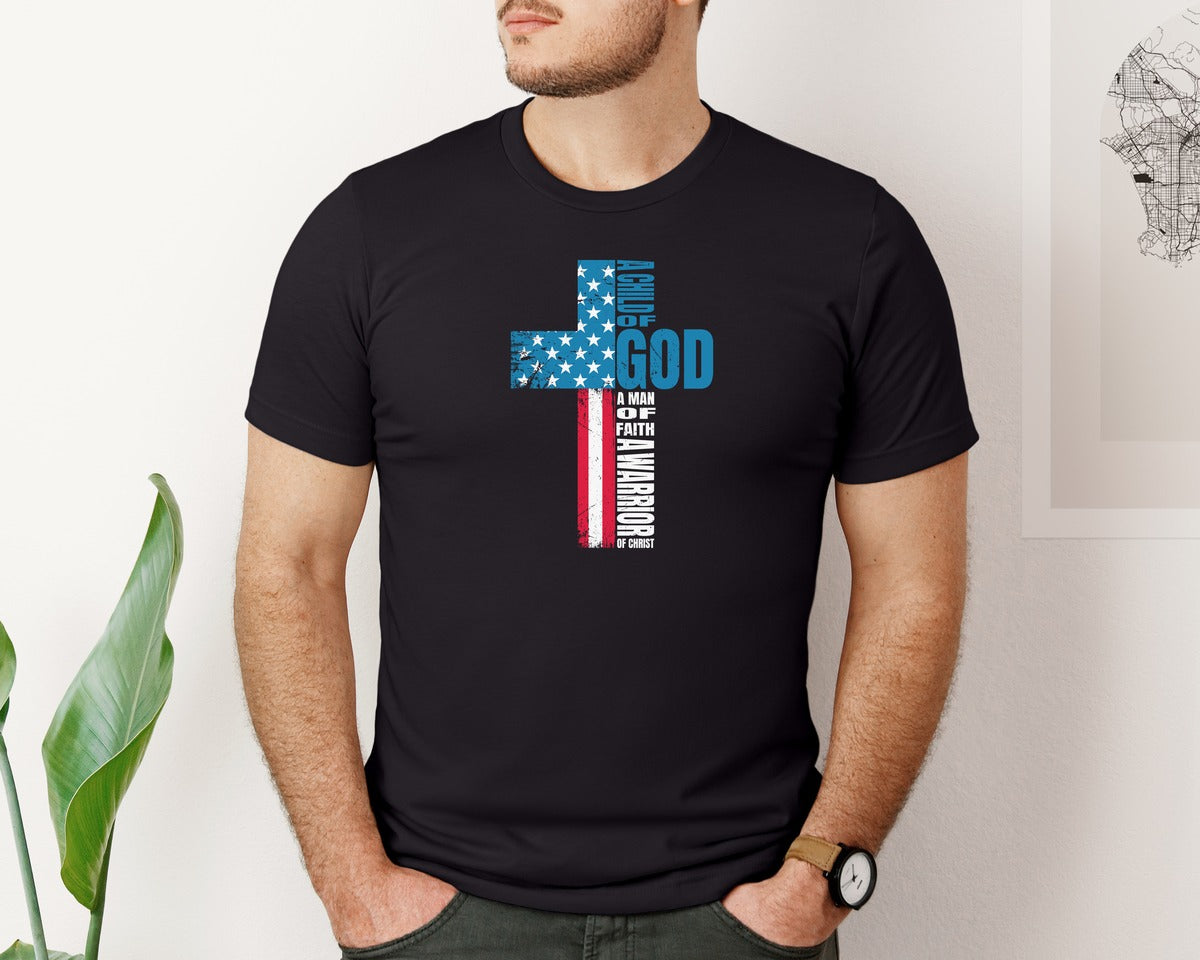 brand:Bella Canvas|color:Black|Faith Cross American Flag Christ Jesus Graphic T-Shirt