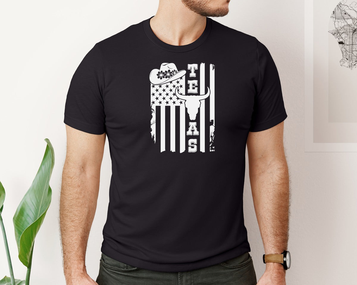 brand:Bella Canvas|color:Black|Texas Flag Western Cowboy Design Graphic T-Shirt