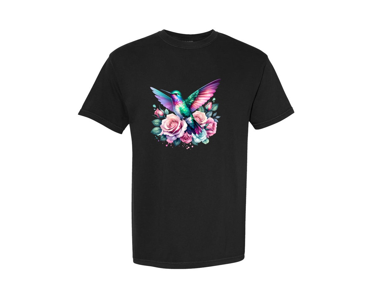brand:Comfort Colors|color:Black|Iridescent Hummingbird Rose Flowers Graphic T-Shirt