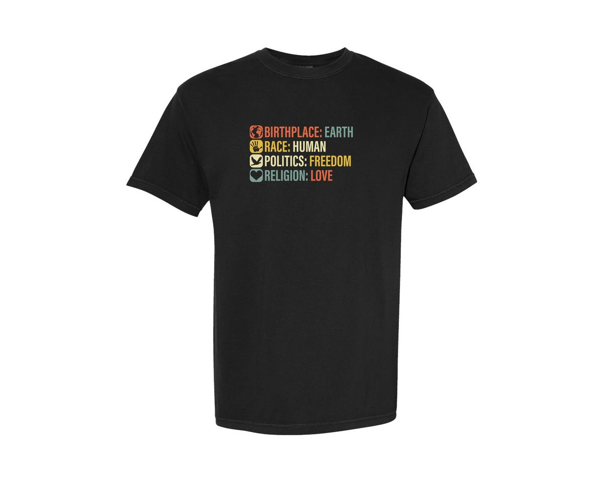 brand:Comfort Colors|color:Black|Birthplace Earth Race Human Politics 4 Graphic T-Shirt