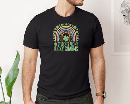 brand:Bella Canvas|color:Black|St Patricks Day Teacher Rainbow Graphic T-Shirt