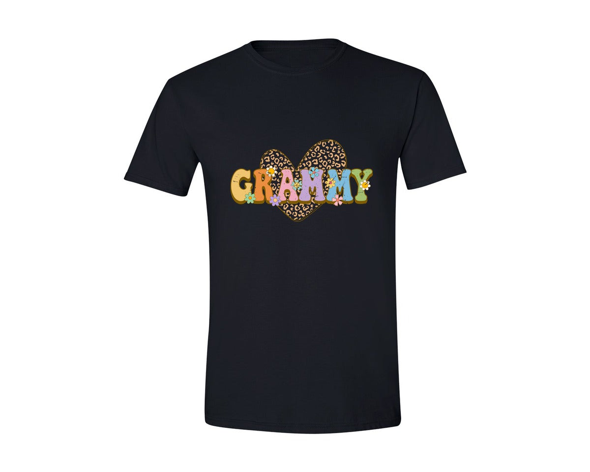brand:Generic|color:Black|Grammy Leopard Heart Flowers Sublimaiton Graphic T-Shirt