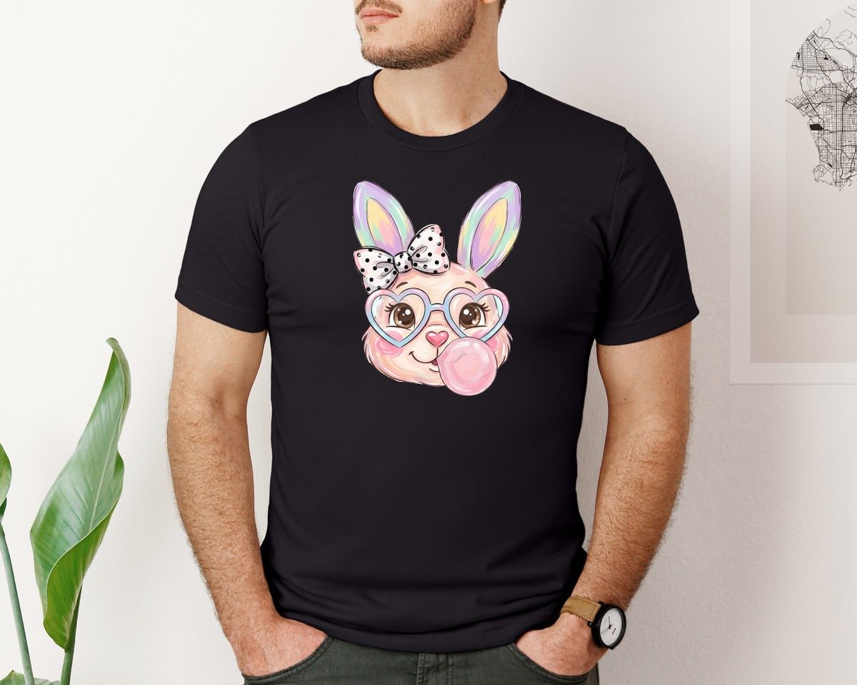 brand:Bella Canvas|color:Black|Cute Easter Bunny Heart Glasses Graphic T-Shirt