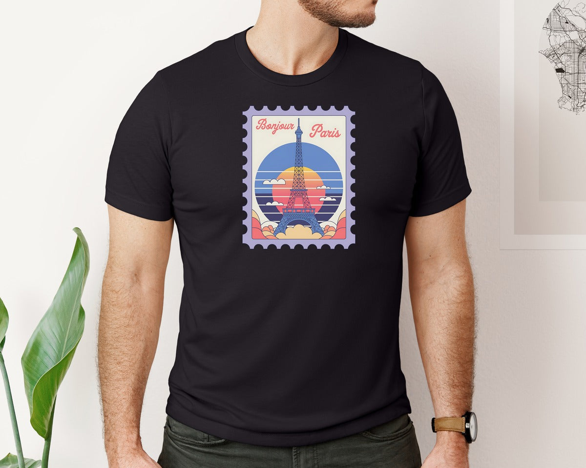 brand:Bella Canvas|color:Black|Paris Trip Retro Travel Stamp Summer Graphic T-Shirt