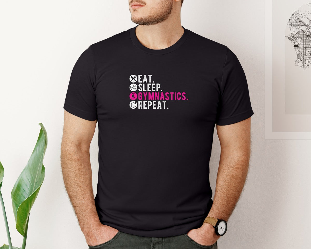 brand:Bella Canvas|color:Black|Eat Sleep Gymnastics Repeat 3 Graphic T-Shirt