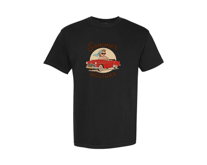 brand:Comfort Colors|color:Black|Summer Holiday Retro Girl Classic Car Graphic T-Shirt