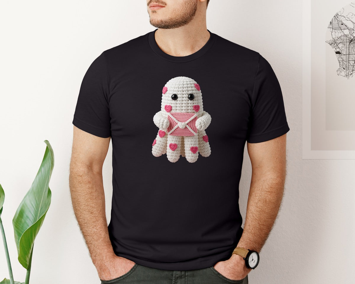 brand:Bella Canvas|color:Black|Cute Crochet Valentine Octopus Graphic T-Shirt