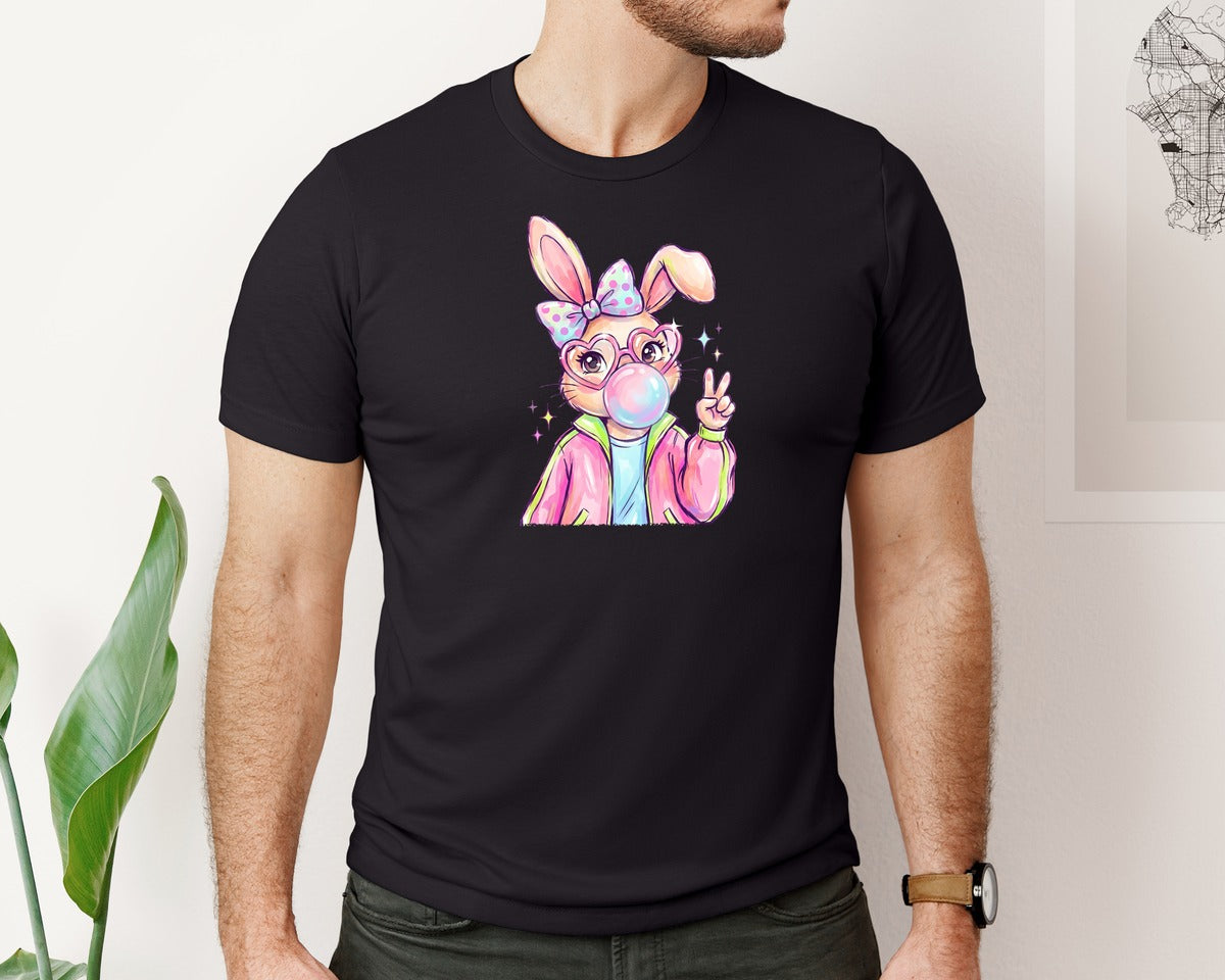 brand:Bella Canvas|color:Black|Easter Bunny Girl With Bubble Gum Graphic T-Shirt
