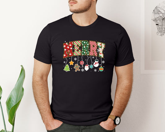Merry Christmas Patchwork Letters Graphic T-Shirt