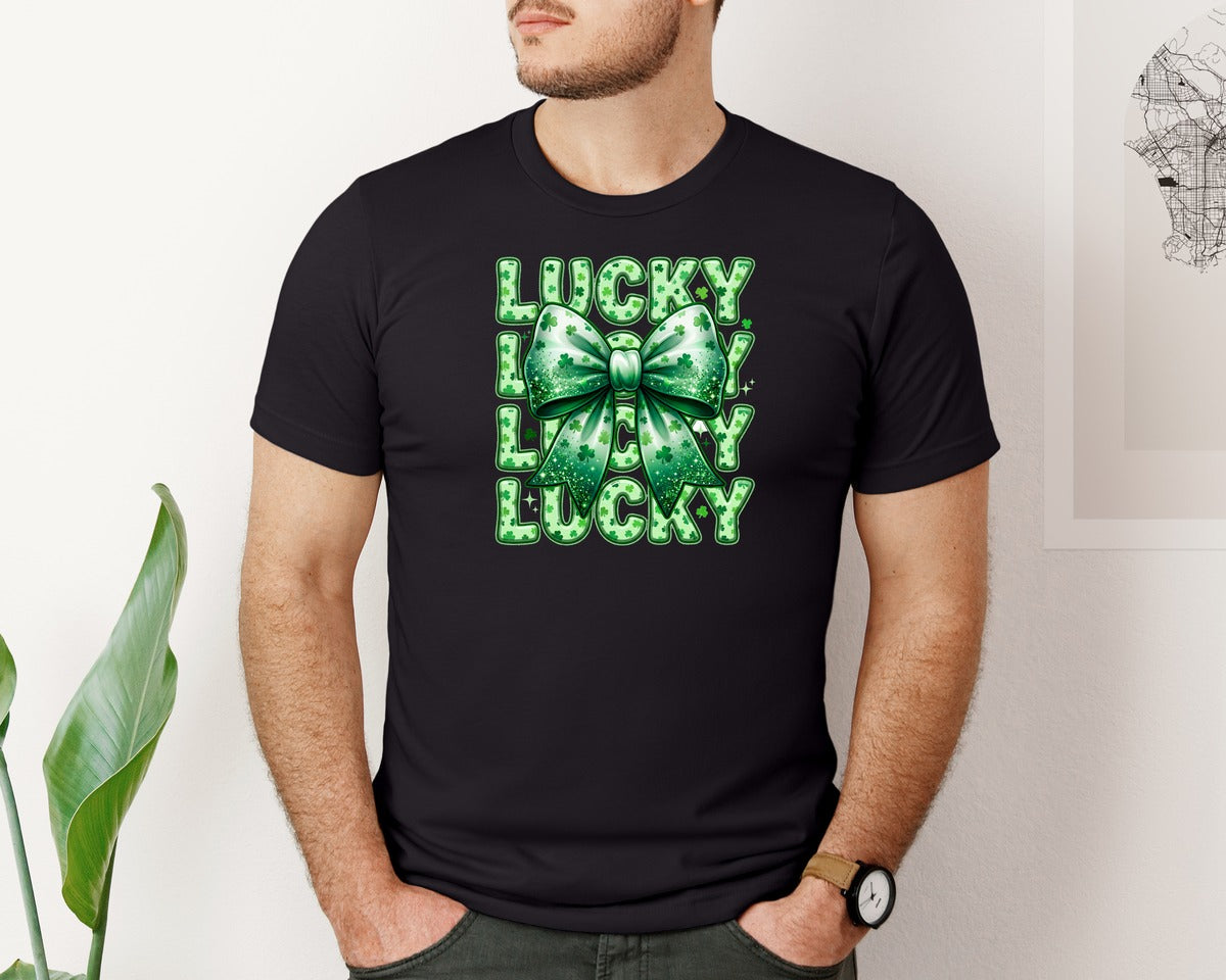 brand:Bella Canvas|color:Black|Lucky Coquette Shamrock Bow Graphic T-Shirt