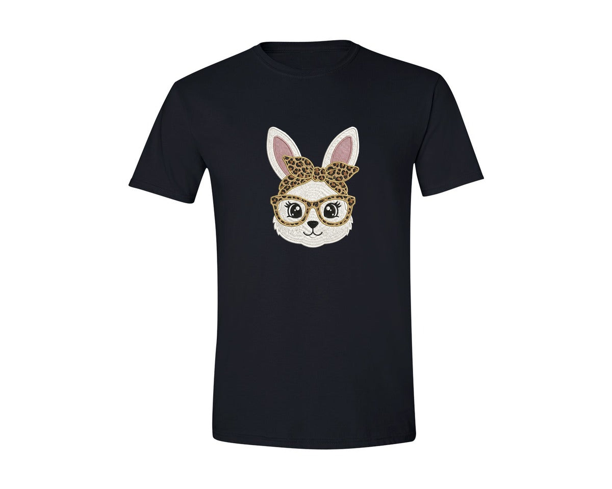 brand:Generic|color:Black|Cute Bunny With Leopard Bow Glasses Graphic T-Shirt
