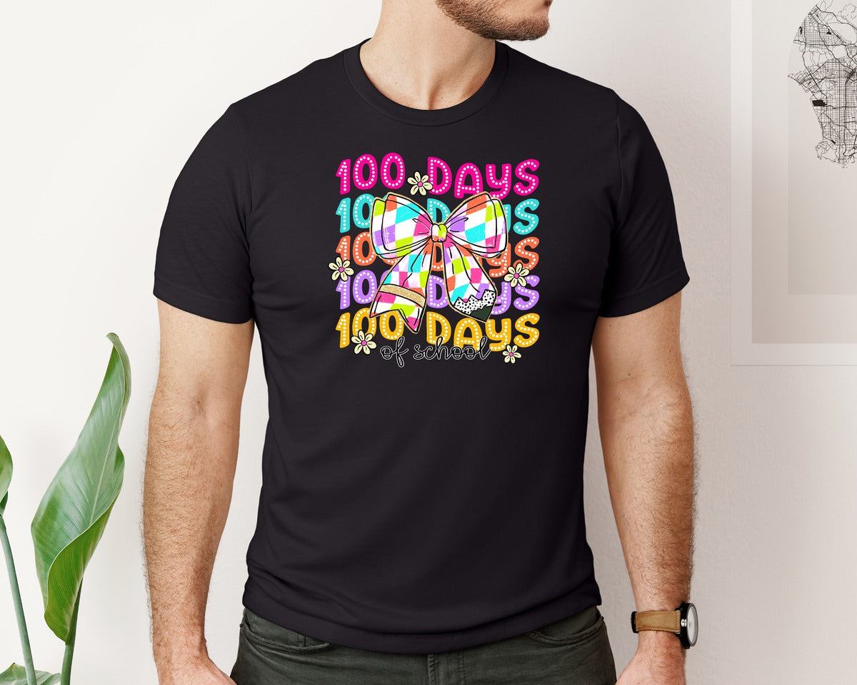 brand:Bella Canvas|color:Black|Teacher Coquette Pencil Bow Colorful Graphic T-Shirt