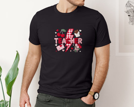 Faux Yarn Teacher Cherry Love Heart Graphic T-Shirt
