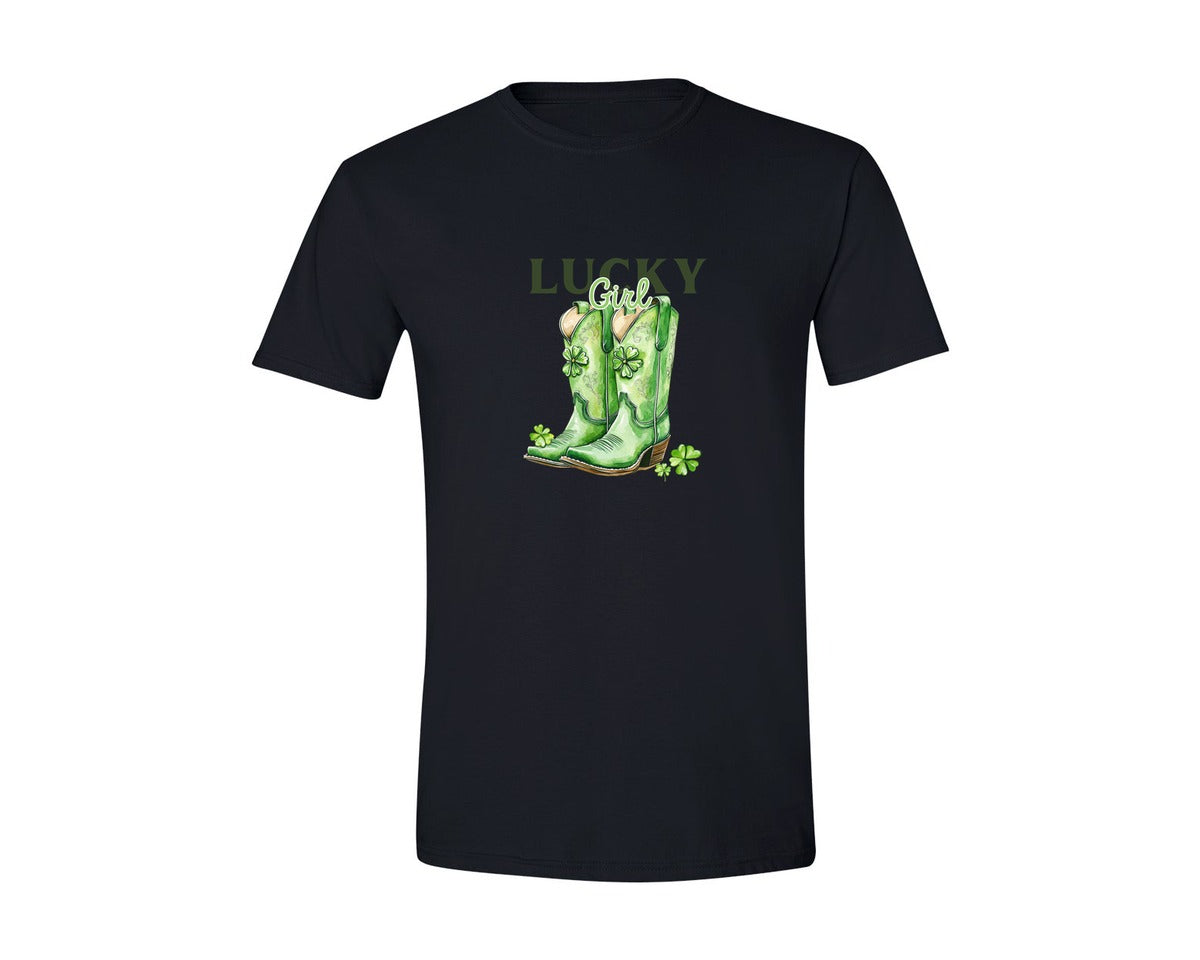 brand:Generic|color:Black|Lucky Girl St Patrick S Day Cowboy Graphic T-Shirt