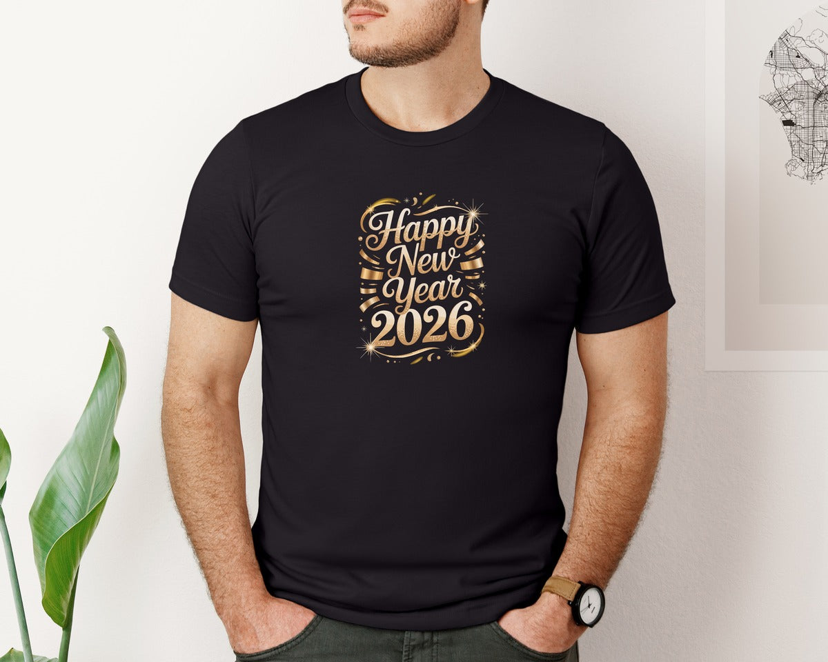 brand:Bella Canvas|color:Black|Happy New Year 2026 Gold Luxury Graphic T-Shirt
