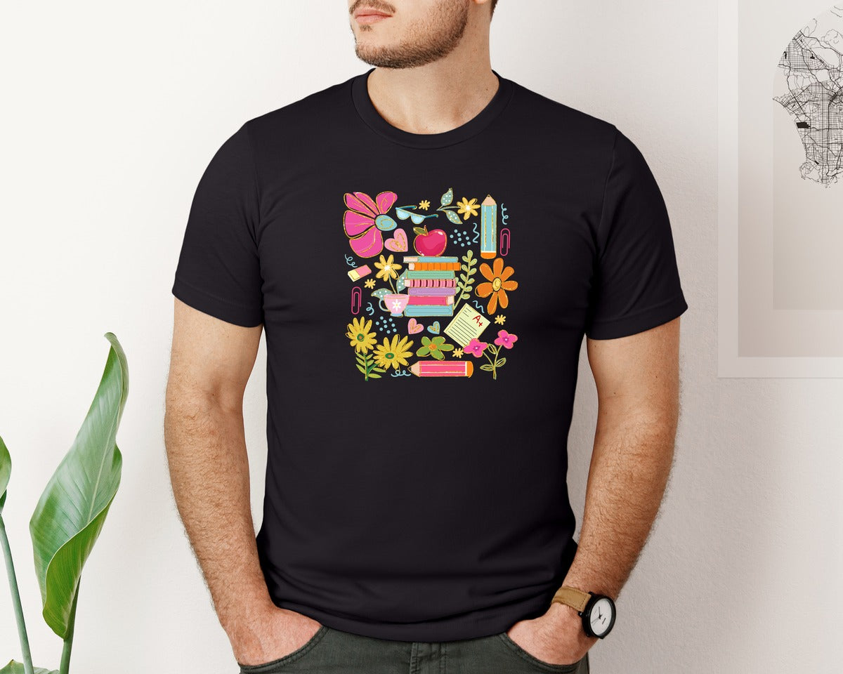 brand:Bella Canvas|color:Black|Boho Teacher Floral Teacher 2 Graphic T-Shirt