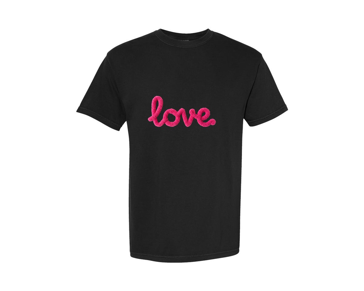 brand:Comfort Colors|color:Black|Lovefluffy Faux Yarn Valentine Crochet Graphic T-Shirt
