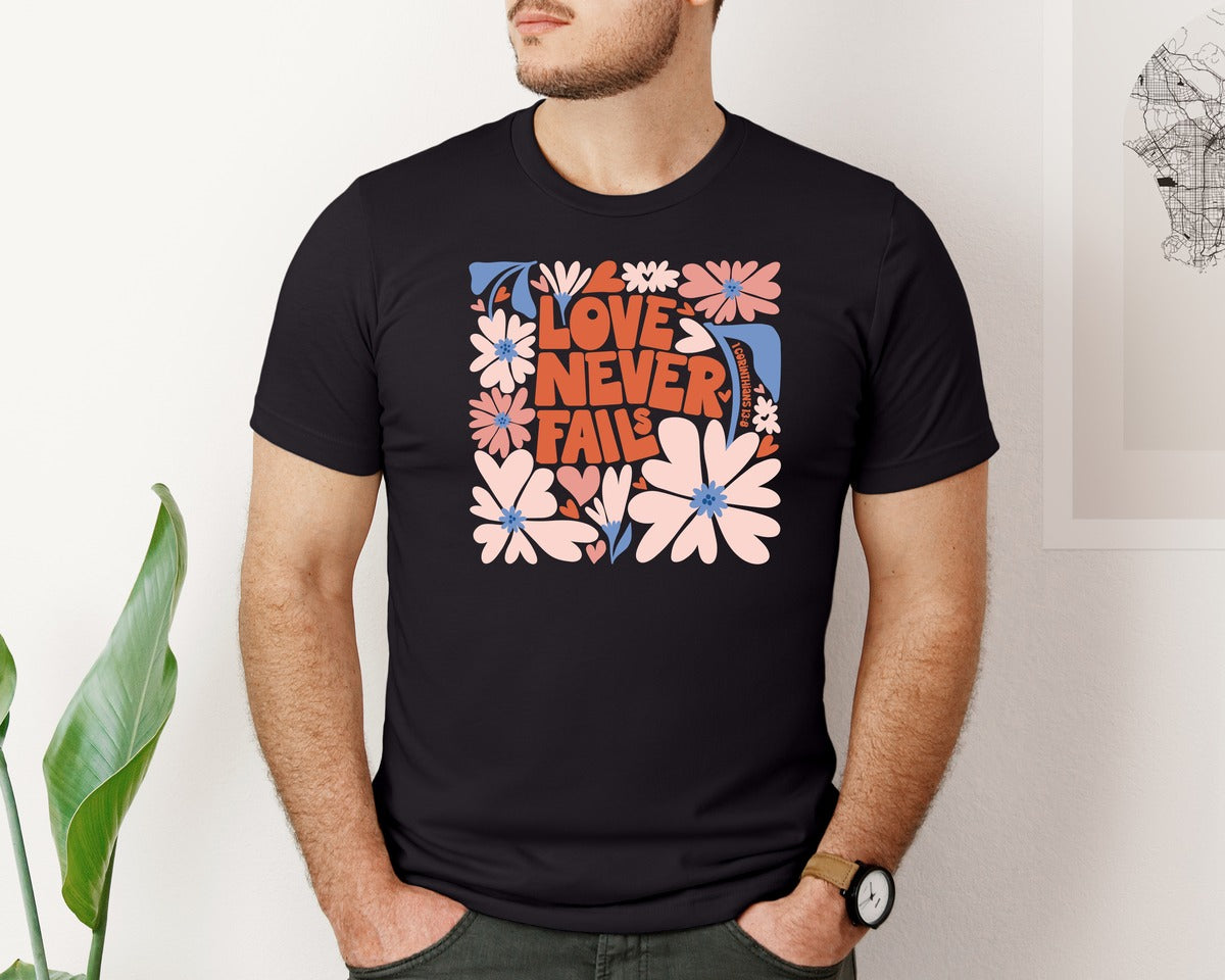 brand:Bella Canvas|color:Black|Love Never Fails Boho Floral Graphic T-Shirt
