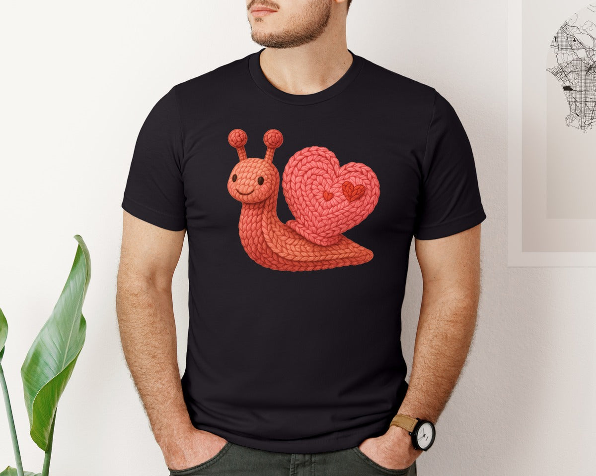 brand:Bella Canvas|color:Black|Faux Crochet Snail Cute Valentine Graphic T-Shirt