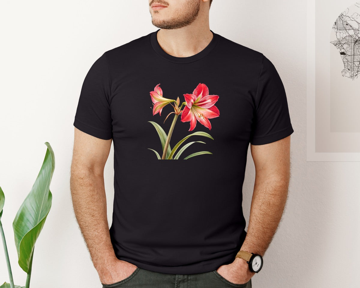 brand:Bella Canvas|color:Black|Red Amaryllis Flower T Shirt Design Graphic T-Shirt