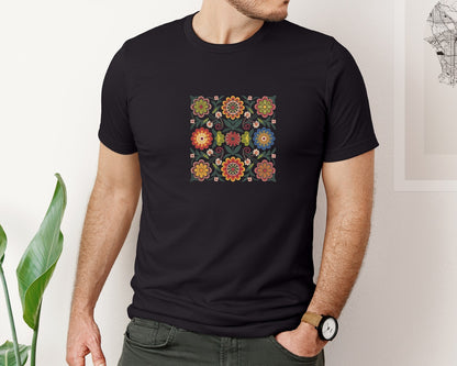 brand:Bella Canvas|color:Black|Folk Art Floral Pattern Vector Tile Graphic T-Shirt