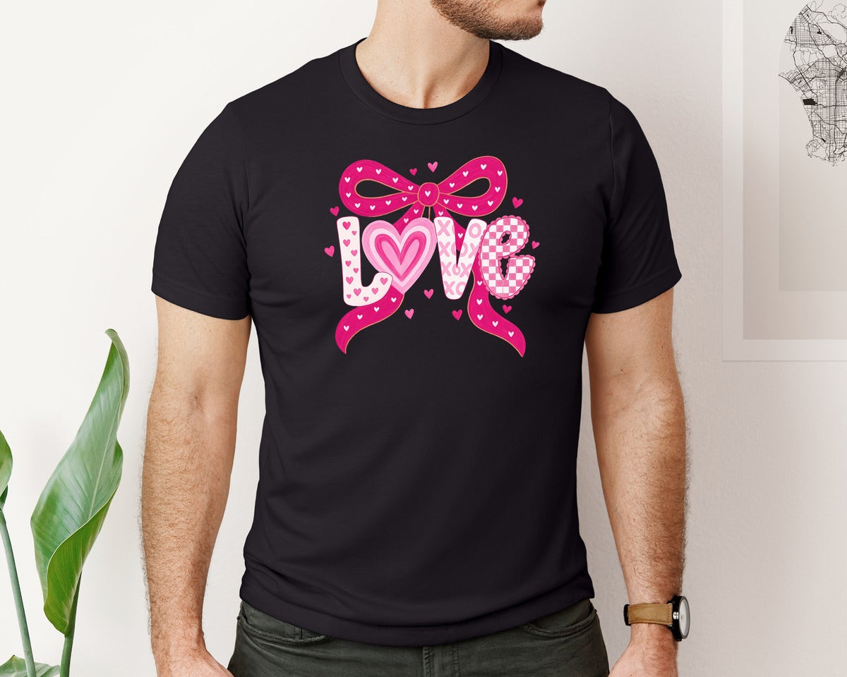brand:Bella Canvas|color:Black|Coquette Heart Bow Preppy Valentine 3 Graphic T-Shirt