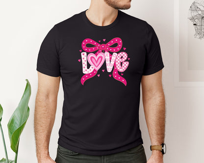 brand:Bella Canvas|color:Black|Coquette Heart Bow Preppy Valentine 3 Graphic T-Shirt
