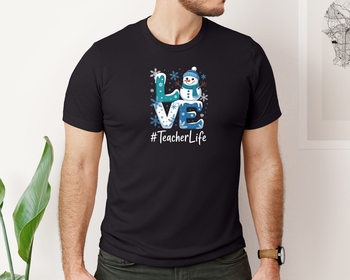 brand:Bella Canvas|color:Black|Love Teacher Life Snowman Cute Win Graphic T-Shirt