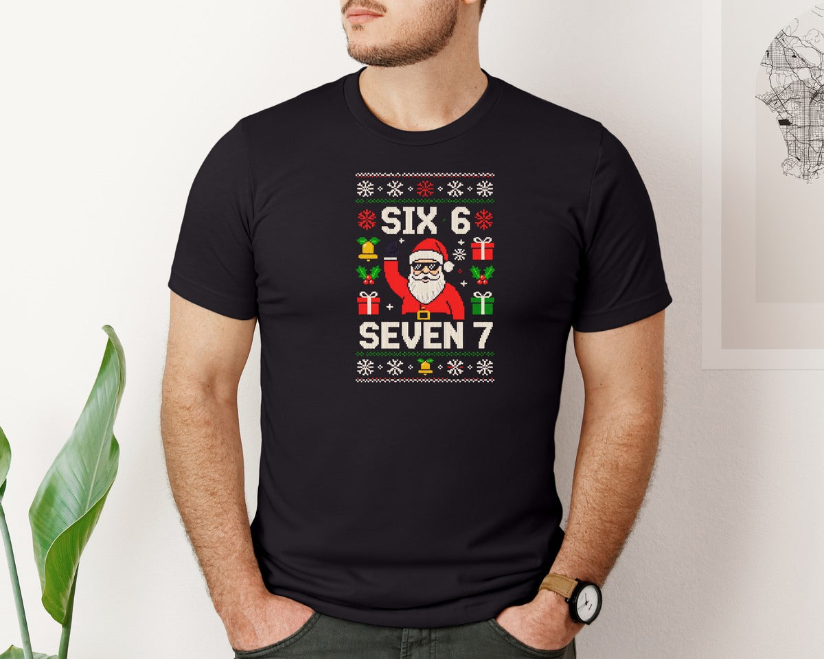 brand:Bella Canvas|color:Black|Ugly Sweater Santa Six Seven Santa Graphic T-Shirt