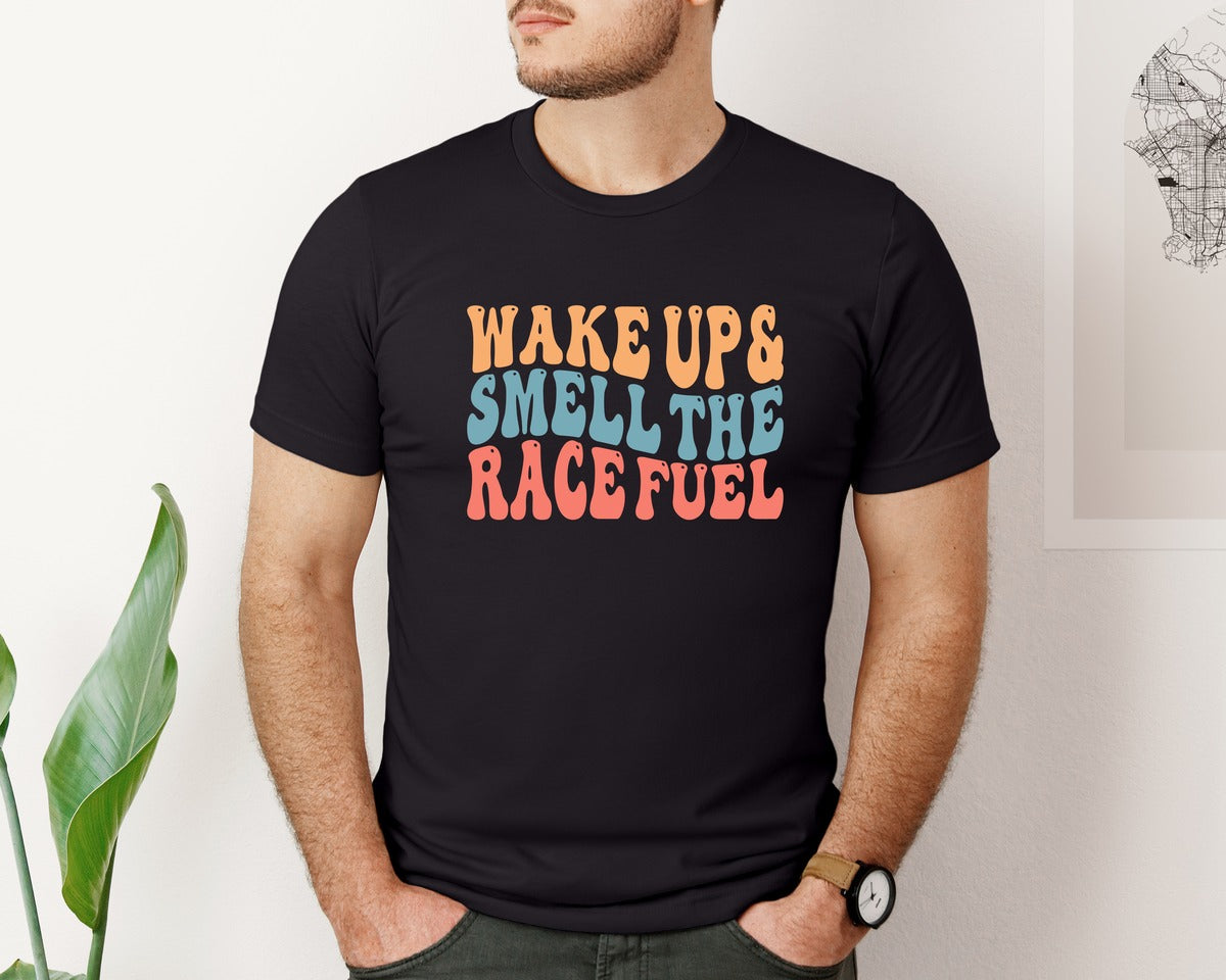brand:Bella Canvas|color:Black|Wake Up And Smell The Race Fuel Graphic T-Shirt