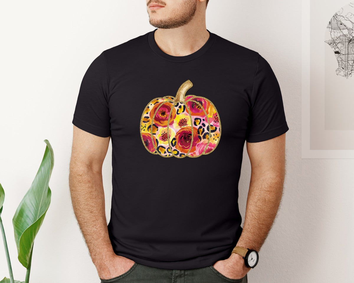 brand:Bella Canvas|color:Black|Floral Fall Leopard Pumpkin Graphic T-Shirt