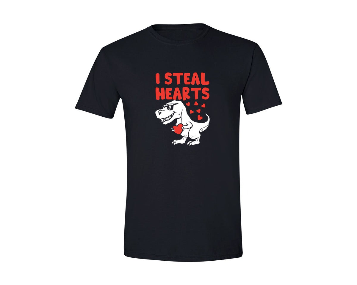 brand:Generic|color:Black|Funny Dinosaur Valentine I Steal Hearts Graphic T-Shirt