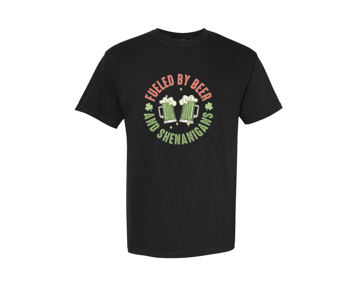 brand:Comfort Colors|color:Black|Fueled By Beer And Shenanigans St Patric Graphic T-Shirt