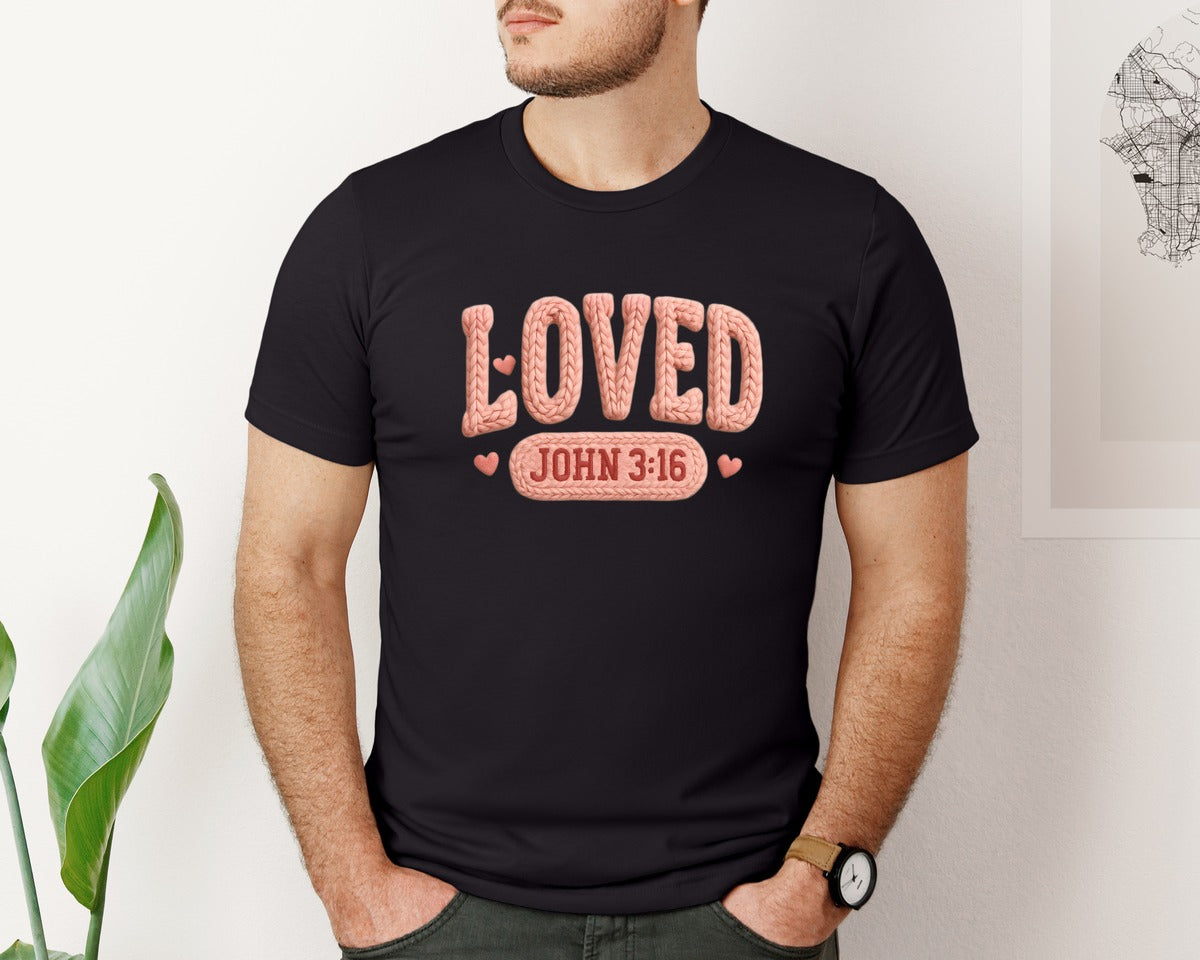 brand:Bella Canvas|color:Black|Crochet Valentines Loved John 316 Graphic T-Shirt
