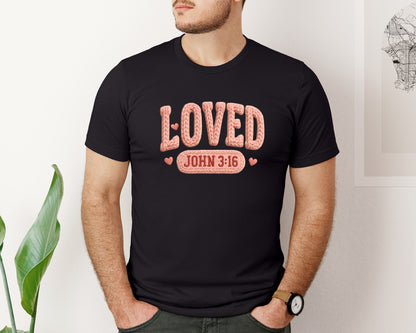 brand:Bella Canvas|color:Black|Crochet Valentines Loved John 316 Graphic T-Shirt