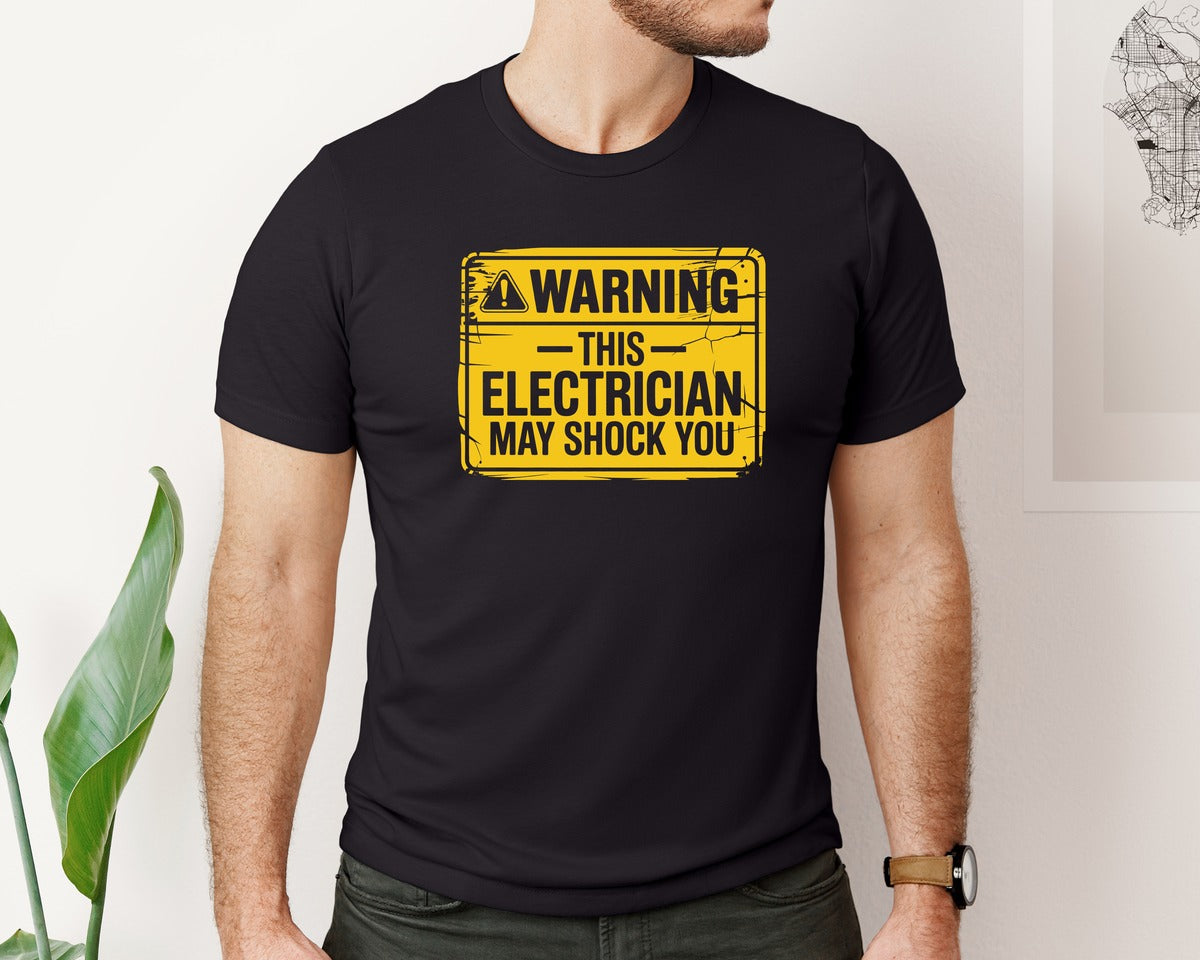 brand:Bella Canvas|color:Black|Funny Electrician Warning Sign Design Graphic T-Shirt