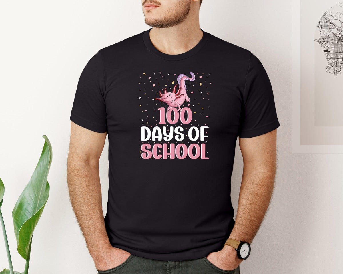 brand:Bella Canvas|color:Black|Cute Pink Axolotl 100 Days Of School Graphic T-Shirt