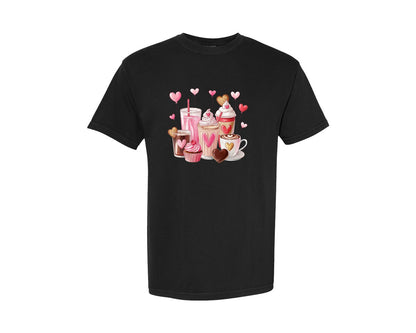 brand:Comfort Colors|color:Black|Retro Coffee Lover Hearts Graphic T-Shirt