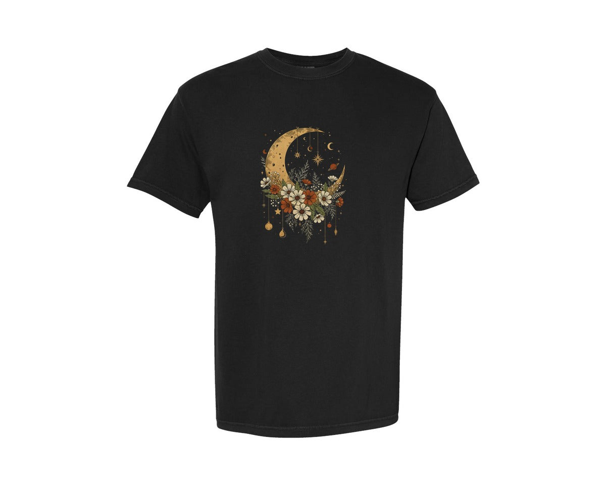brand:Comfort Colors|color:Black|Boho Celestial Moon Floral Design Graphic T-Shirt