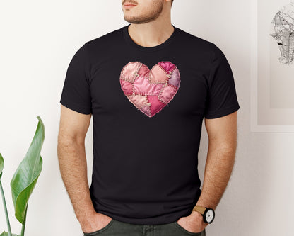 brand:Bella Canvas|color:Black|Valentine Patchwork Heart 2 Graphic T-Shirt