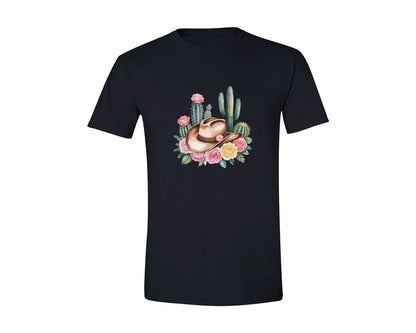 brand:Generic|color:Black|Cowgirl Hat Cactus Flowers Graphic T-Shirt