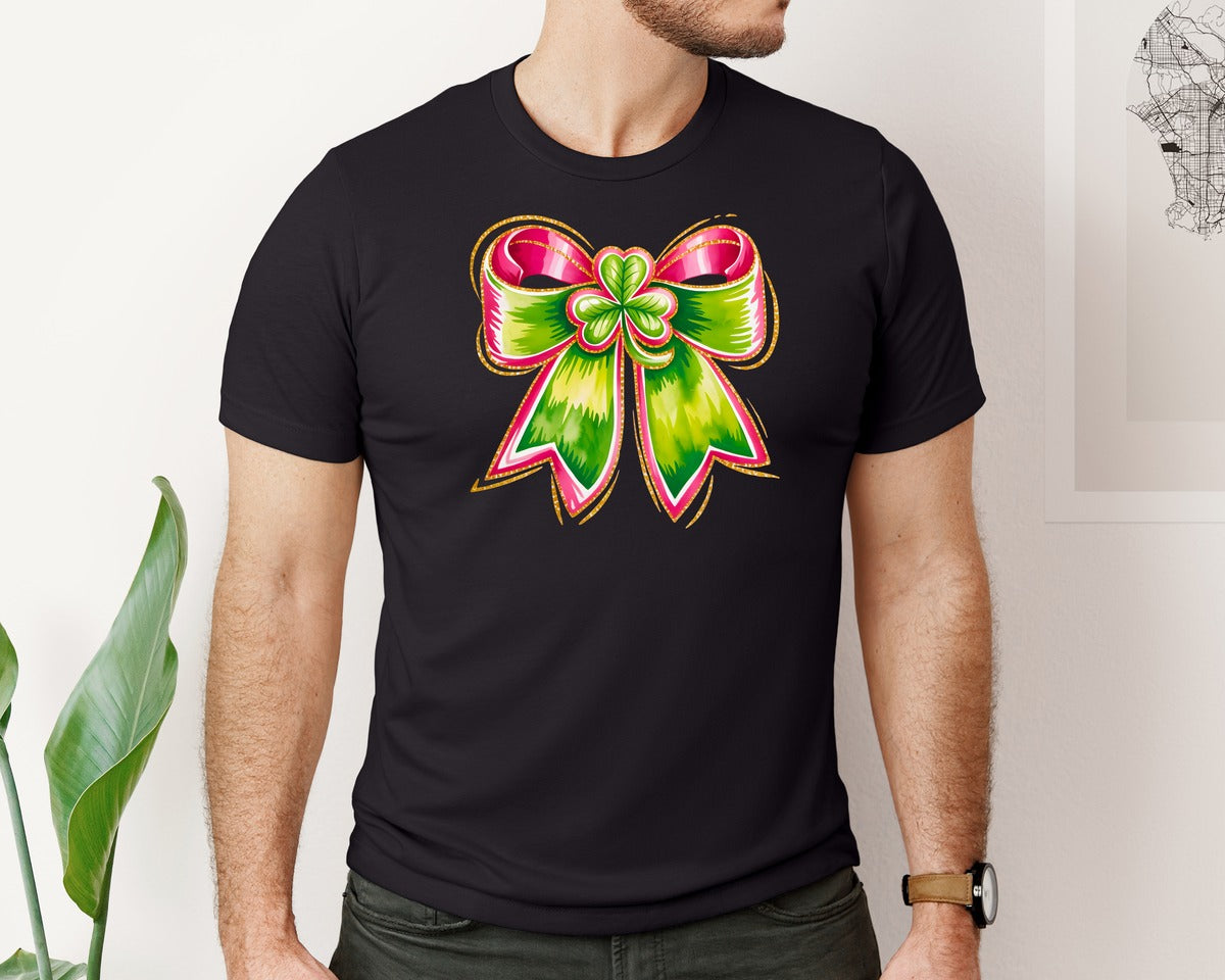 brand:Bella Canvas|color:Black|Coquette St Patricks Shamrock Bow Graphic T-Shirt