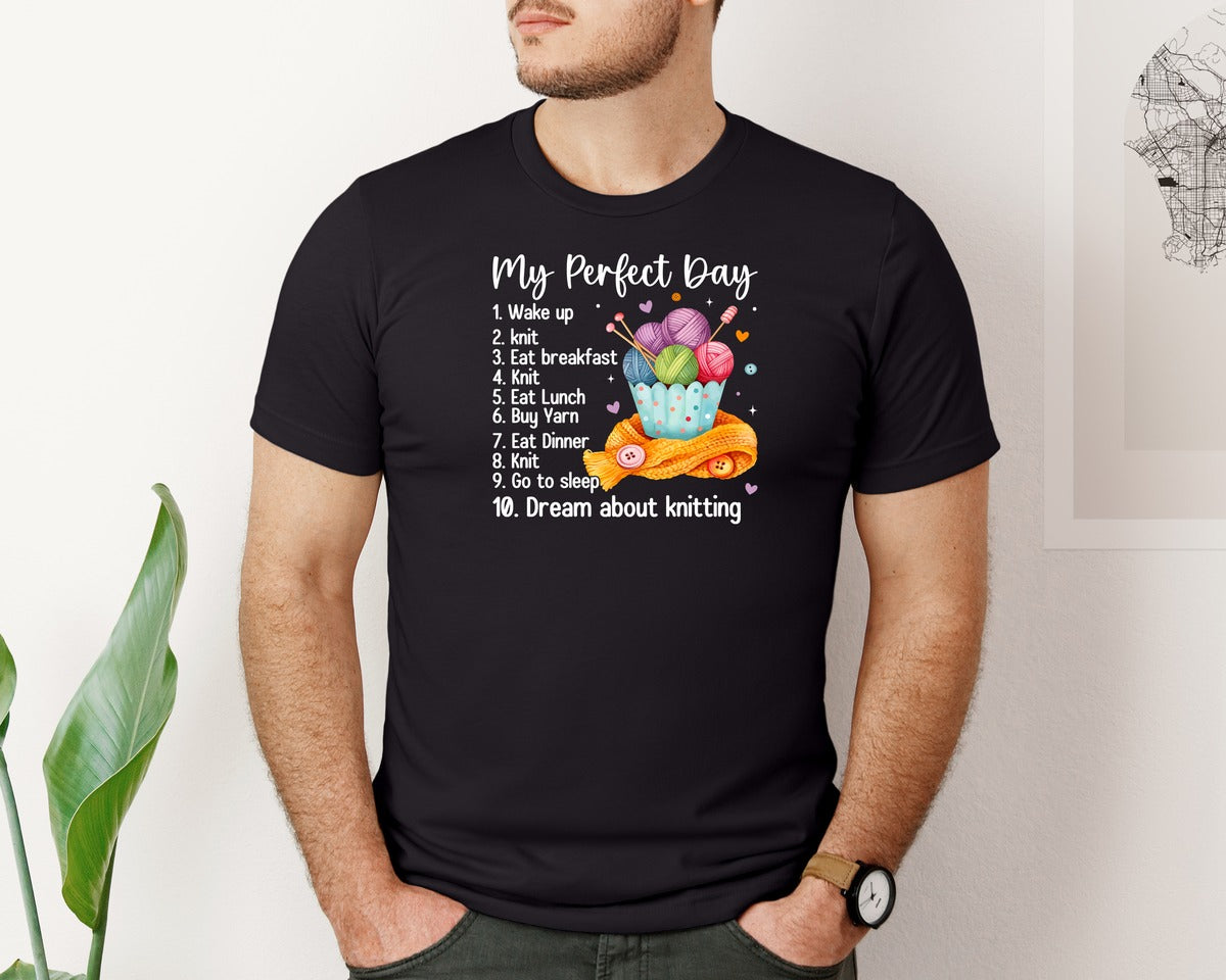 brand:Bella Canvas|color:Black|My Perfect Day Knitting T Shirt Graphic T-Shirt